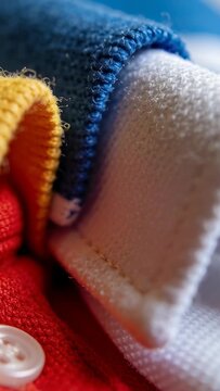 Vertical video: Shifting phone camera focusing on folded garments on table, revealing button