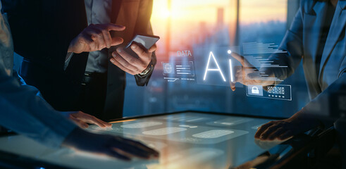 Business Team Interacting with Futuristic AI Interface and Data