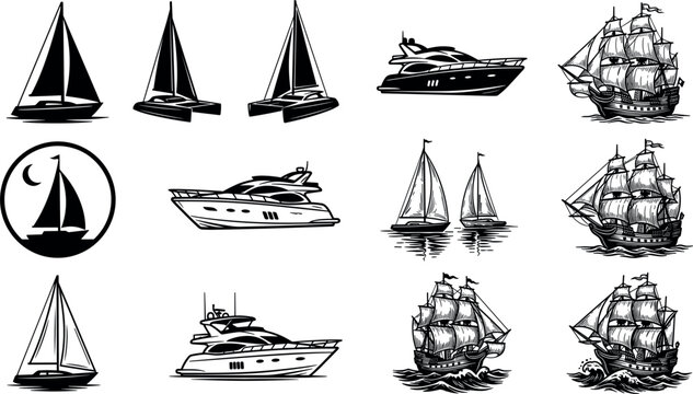 Nautical Vessel Silhouette Icon Bundle Featuring Luxury Yachts Sailboats Catamarans and Vintage Galleon Pirate Ships for Maritime Branding and Travel DesignsNautical Vessel Silhouette Icon Bundle Feat