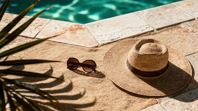 Tropical Poolside Still Life Hat and Sunglasses with Palm Shadows