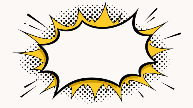 Clean flat vector illustration of a blank comic explosion speech bubble with yellow burst, black outline and halftone dots on a light background for pop art banners.