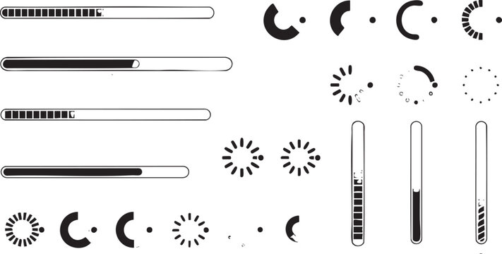 Black silhouette of loading bars progress indicators and arrows progress bar circle