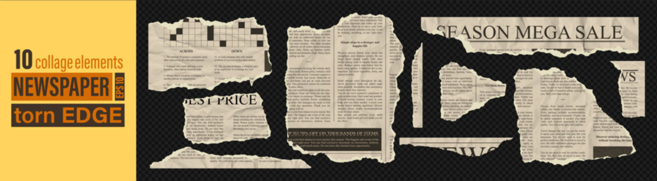 Set of torn newspaper note pieces vintage teture jagged rip edge effect. Ripped article clipping page for news collage scrapbook document patch scratch kit. Crumpled sheet template with dummy text.
