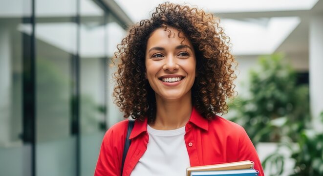 Happy young woman with curly hair holding books on a modern university campus, smiling student portrait.