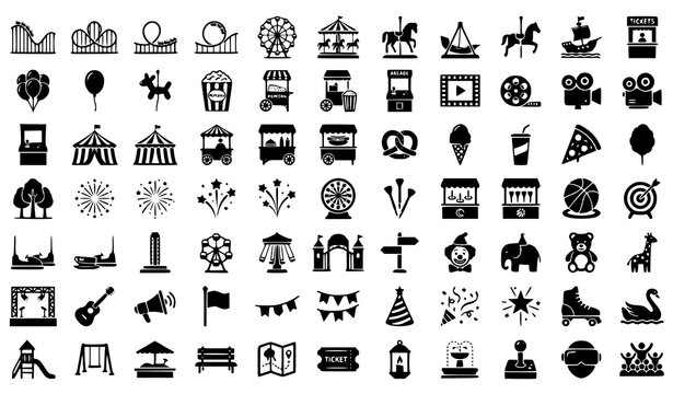 Amusement Park and Festival Silhouette Vector Icon Set Featuring Large Collection of Theme Park Rides Rollercoasters Circus Tents Carnival Games and Fair Food