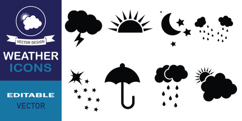 Naklejka premium Weather solid icons for forecast and meteorology featuring vector design. Weather icons set with environmental and eco symbol. Vector illustration.