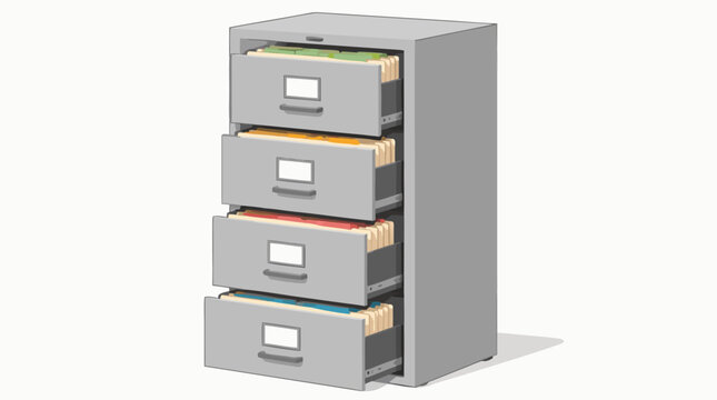 Clean flat vector illustration of an open gray filing cabinet with folders and labeled drawers on a light background, ideal for office organization or document management design.