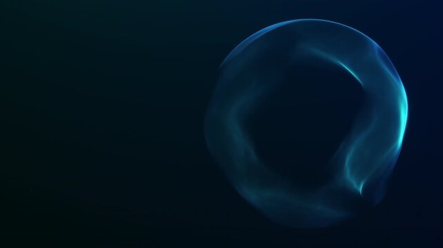 Cyan liquid sphere with a translucent flowing surface glows beside copy space, ideal for cloud computing, AI platforms, scientific data and technology presentations.