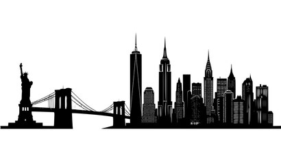 New York City Skyline Silhouette Vector Artwork Displaying Famous Manhattan Skyscrapers Brooklyn Bridge and Statue of Liberty for Urban Tourism Designs © MdGohurul