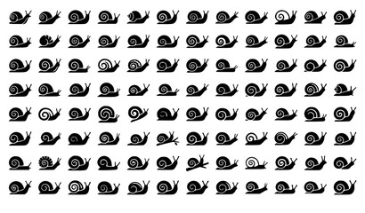Snail Silhouette Vector Icon Bundle Featuring Large Collection of Garden Snails and Slugs with Linear Spiral Shell Patterns Isolated on White Background © MdGohurul
