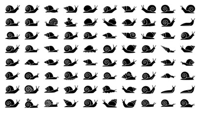 Snail Silhouette Vector Icon Set Featuring Various Garden Snails and Slugs crawling in Multiple Poses and Shell Shapes Isolated on White Background © MdGohurul