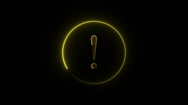 Glowing yellow exclamation mark symbol inside a thin circular ring on a solid black background for digital interface and warning notification