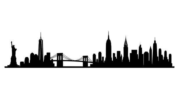New York City Skyline Silhouette Vector Illustration Featuring Manhattan Buildings Brooklyn Bridge and Statue of Liberty Isolated on White Background