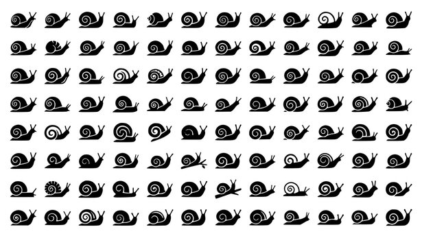 Snail Silhouette Vector Icon Bundle Featuring Large Collection of Garden Snails and Slugs with Linear Spiral Shell Patterns Isolated on White Background