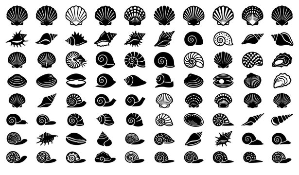 Sea Shell Silhouette Vector Icon Collection Featuring Large Set of Ocean Mollusk Shells Clams Scallops and Conches Isolated on White Background