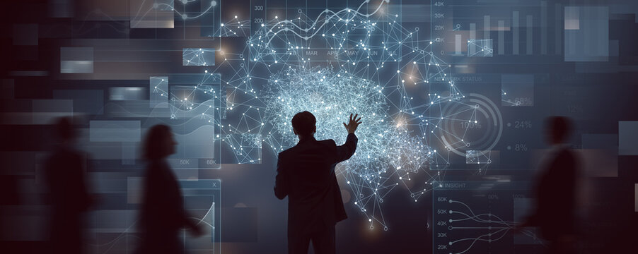 Businessman Interacting with Futuristic Digital Network Interface
