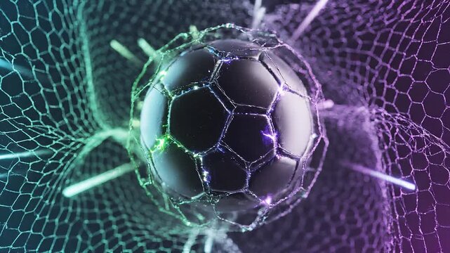 Futuristic Soccer Ball in Digital Goal Net