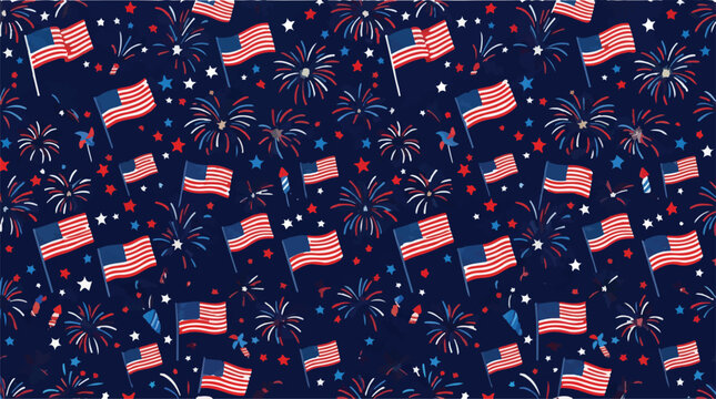 Patriotic American flag pattern, 4th of July celebration design, red white blue fireworks background, USA vector illustration