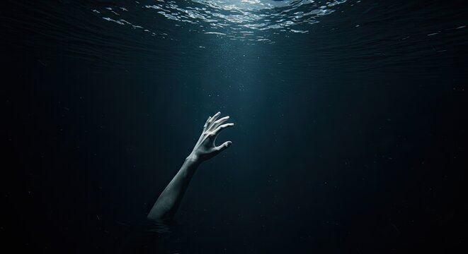 Human arm reaching for light underwater.