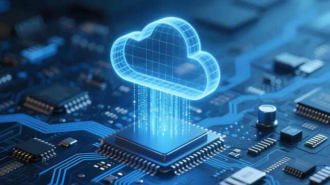 Blue cloud icon hovering over glowing chip