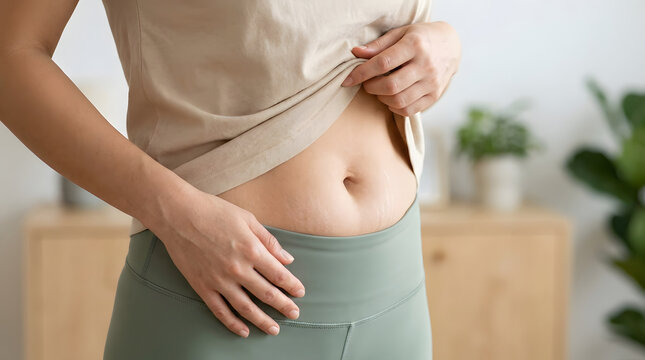 Woman lifting shirt and touching abdomen in a home setting for abdominal separation and body recovery awareness