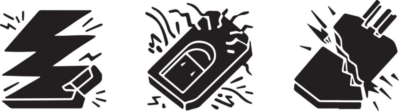 Black and white lightning bolt, broken smartphone and tablet icons