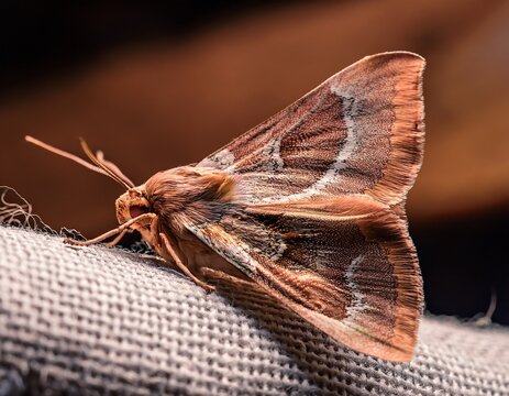 moth resting on worn fabric edge with small details and textures visible