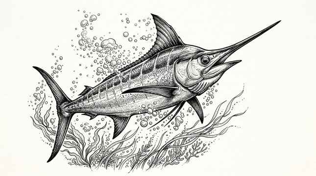 Detailed Ink Drawing of a Blue Marlin Swimming Underwater with Bubbles and Seaweed