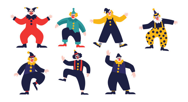 Collection of colorful cartoon clowns in various funny poses and costumes isolated on a plain white background.