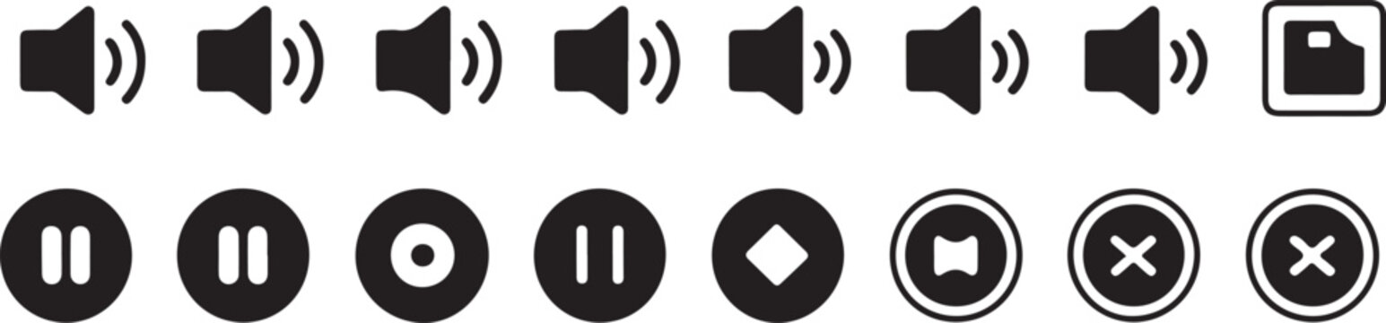 Collection of various media control and playback icons on white background