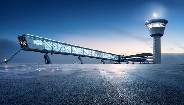 airport jet bridge and floodlight tower at night with misty sky background outdoor terminal infrastructure for aviation travel and international flight logistics transportation