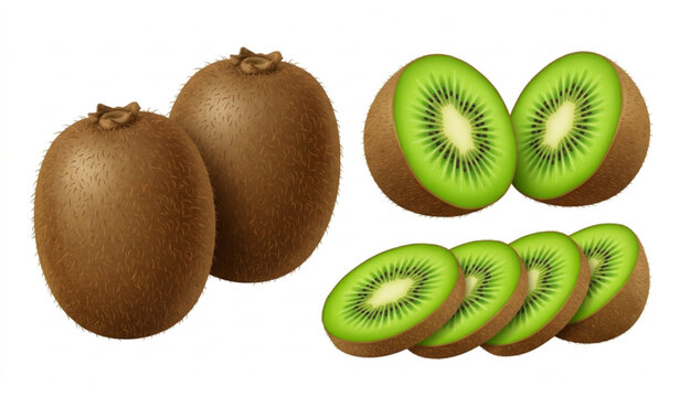 Fresh kiwi fruit set with whole and sliced kiwis isolated on white background