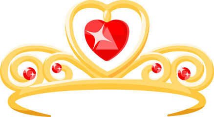 Gold tiara crown cartoon with red heart gem on white. © Богдан Скрипник