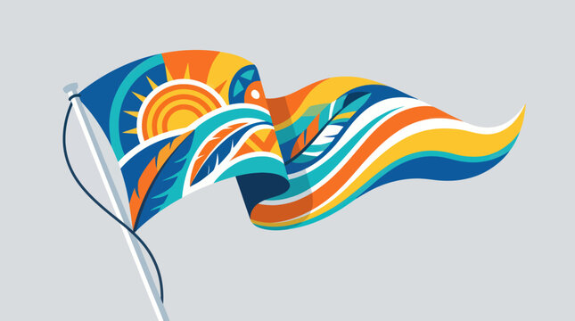 Colorful abstract flag with sun and feather design