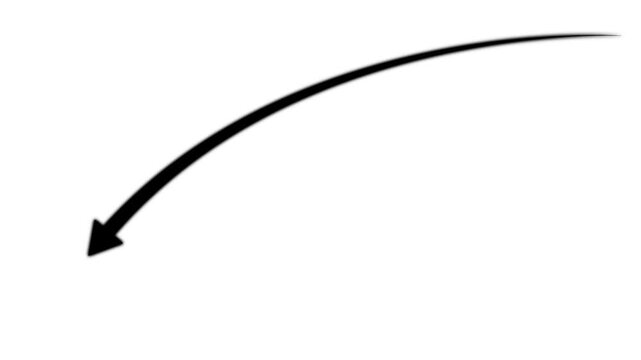 A black curved arrow pointing downwards and to the left isolated on a solid white background for use in digital presentations and layouts