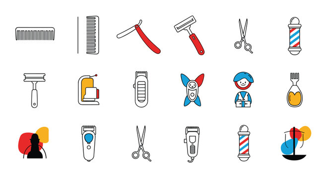 Professional barber shop icon set with grooming tools like razors scissors clippers and a classic barber pole.