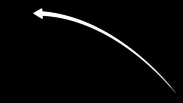 A single white curved arrow pointing towards the upper right corner on a solid black background for digital interface navigation and user guidance