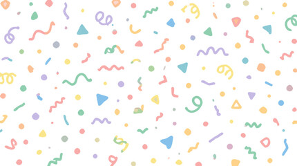 Obraz premium Clean flat vector illustration of colorful pastel confetti, dots, squiggles and geometric shapes on a light background for party invitations and festive branding.