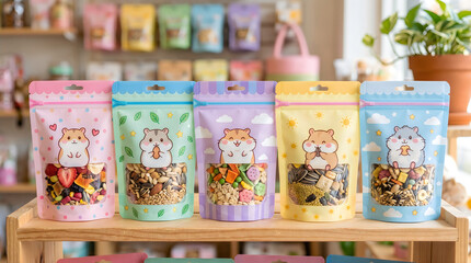 Fototapeta premium Colorful hamster food pouches on a wooden shelf in a pet store