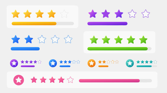 Clean flat vector illustration on a light background showing colorful star rating widgets with progress bars for customer reviews, feedback dashboards, or app UI design.