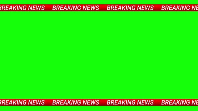 A digital screen shows a news ticker with breaking news headlines in red and white, scrolling across a green background. Suitable for media, news, and broadcasting industry use.