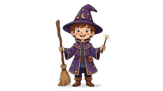 Cute young wizard boy holding a magic wand and a broomstick