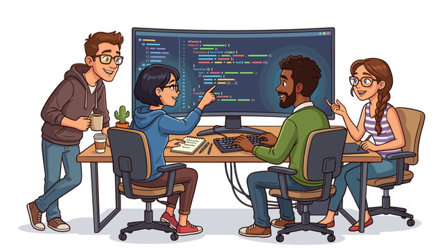 Diverse group of software developers collaborating on code in a modern office