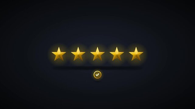 Five star rating animation with glowing gold stars and checkmark success symbol review