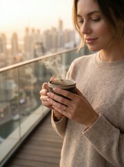 Fototapeta premium Woman holding a steaming cup of coffee on a balcony overlooking a city skyline