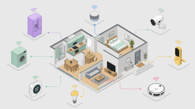 Clean flat vector illustration of a smart home interior connected to IoT appliances, security, thermostat and robot vacuum on a light background for automation marketing.