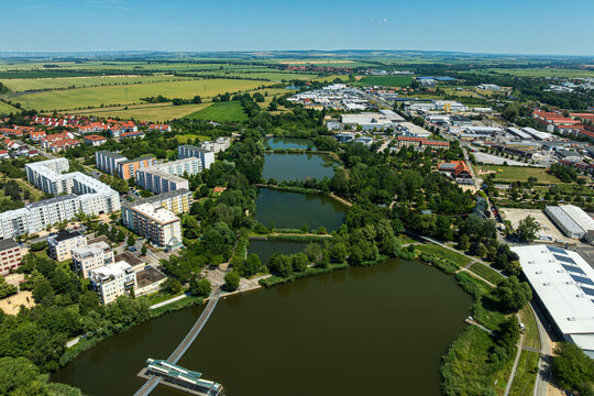 Drone view of Harzblick district with Schreiberteich and Fischteich at B&uuml;rgerpark in Wernigerode, Harz Region, Saxony Anhalt, Germany