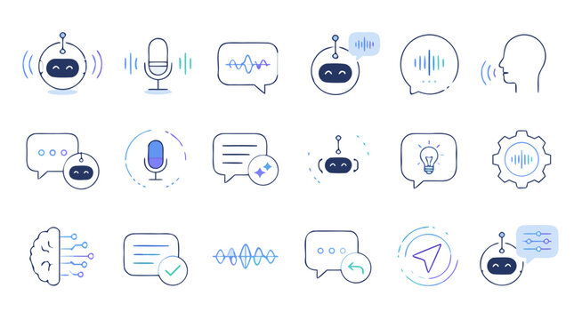 Clean flat vector illustration on a light background showing AI voice assistant, chatbot, microphone, speech bubbles, audio waves, and automation icons for tech apps.