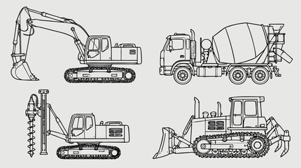 Obraz premium Clean flat vector illustration on a light background showing construction machines for contractor branding, equipment catalogs, education, or site signage.