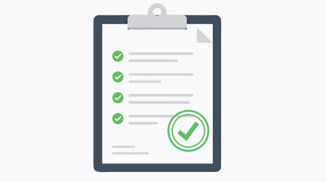 A clean flat vector illustration of clipboard with an approved document and a green stamp on a light background. Great for creative banners, software user interface, and digital illustration projects.
